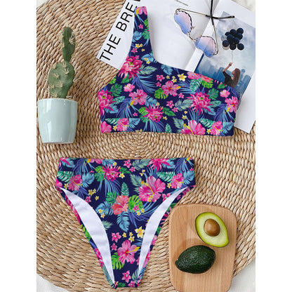 Blossom Tropical Flower Pattern Print One Shoulder Bikini Top