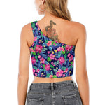 Blossom Tropical Flower Pattern Print One Shoulder Crop Top