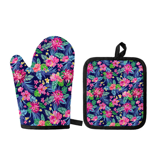 Blossom Tropical Flower Pattern Print Oven Mitt And Pot Holder Set