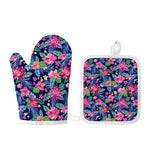 Blossom Tropical Flower Pattern Print Oven Mitt And Pot Holder Set