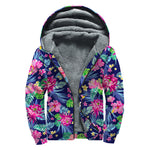 Blossom Tropical Flower Pattern Print Sherpa Lined Zip Up Hoodie