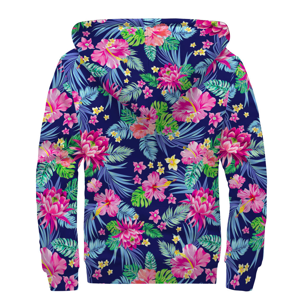 Blossom Tropical Flower Pattern Print Sherpa Lined Zip Up Hoodie