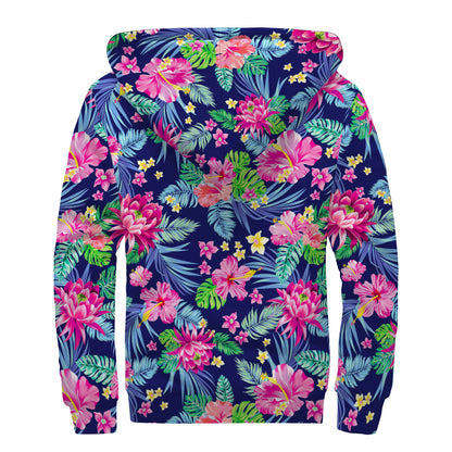 Blossom Tropical Flower Pattern Print Sherpa Lined Zip Up Hoodie