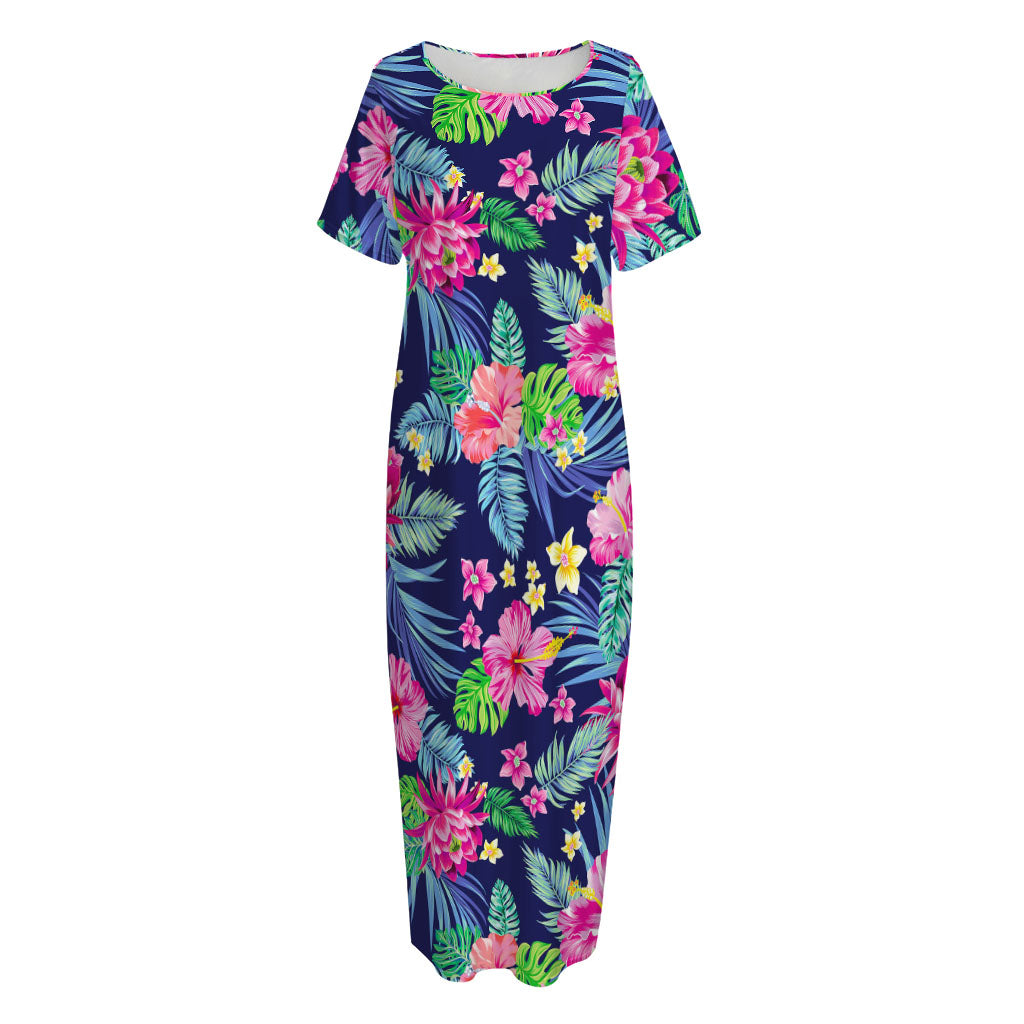 Blossom Tropical Flower Pattern Print Short Sleeve Long Nightdress