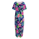 Blossom Tropical Flower Pattern Print Short Sleeve Long Nightdress