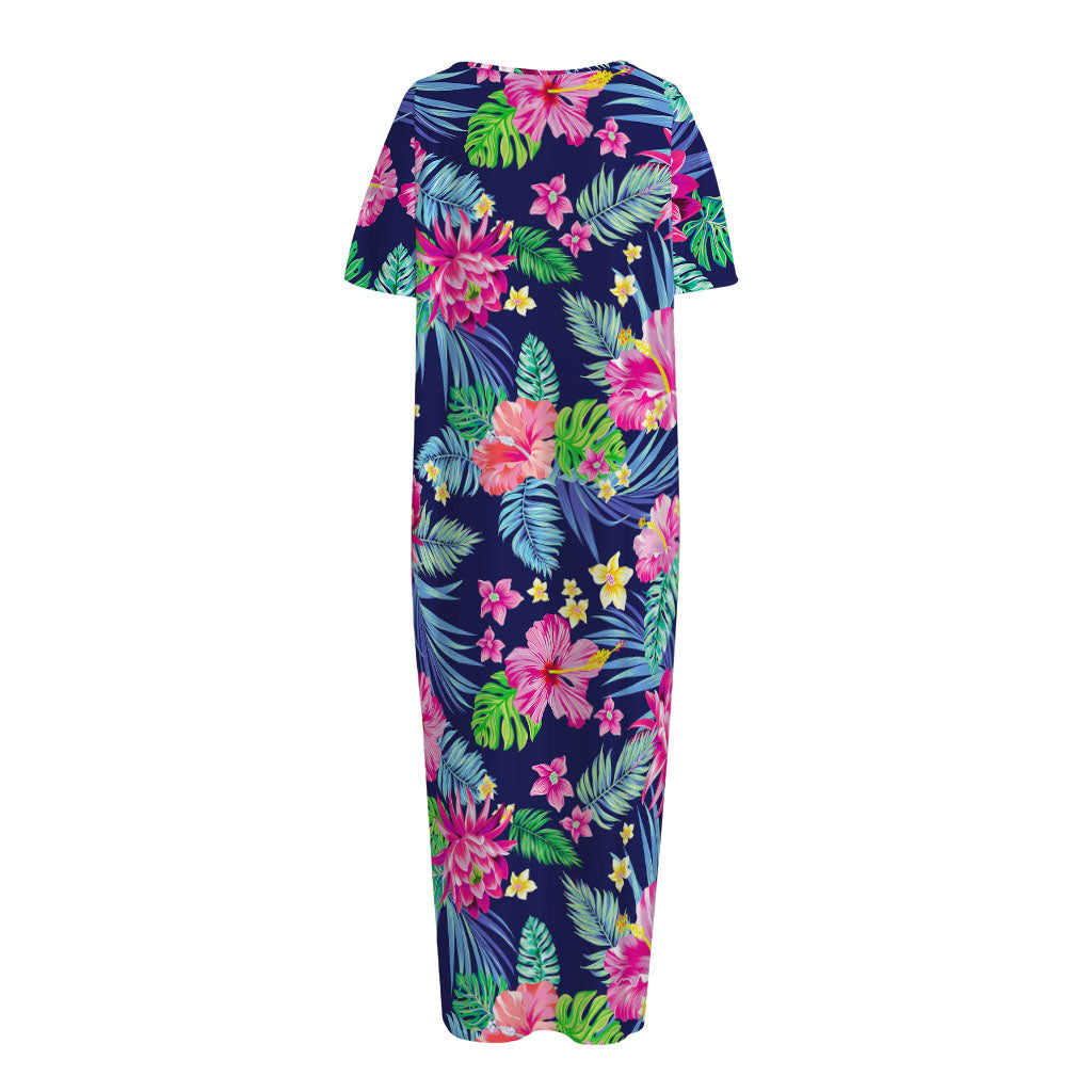 Blossom Tropical Flower Pattern Print Short Sleeve Long Nightdress