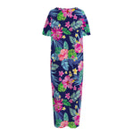 Blossom Tropical Flower Pattern Print Short Sleeve Long Nightdress