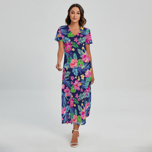 Blossom Tropical Flower Pattern Print Short Sleeve Maxi Dress