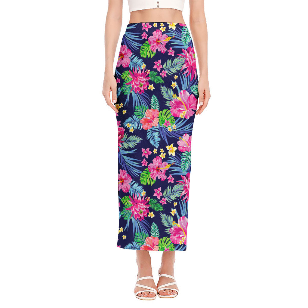 Blossom Tropical Flower Pattern Print Side Slit Maxi Skirt