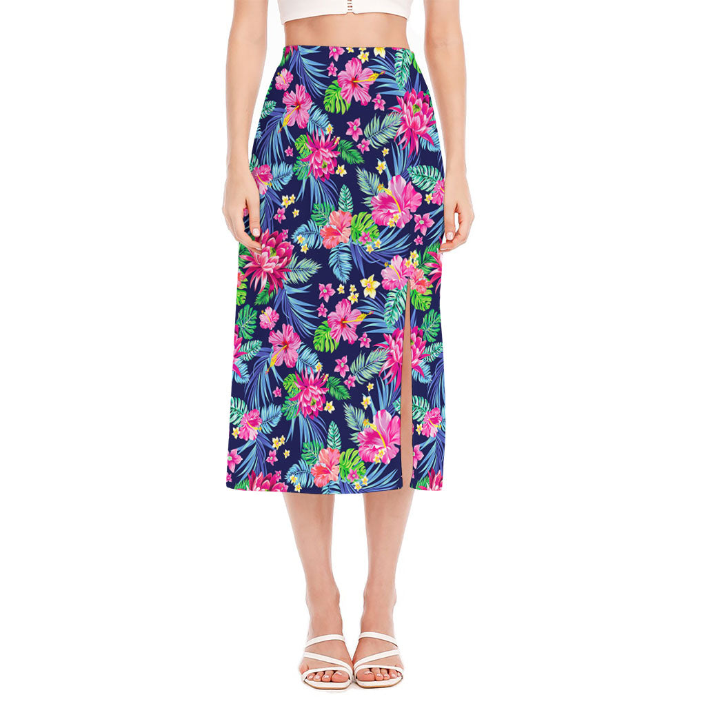 Blossom Tropical Flower Pattern Print Side Slit Midi Skirt