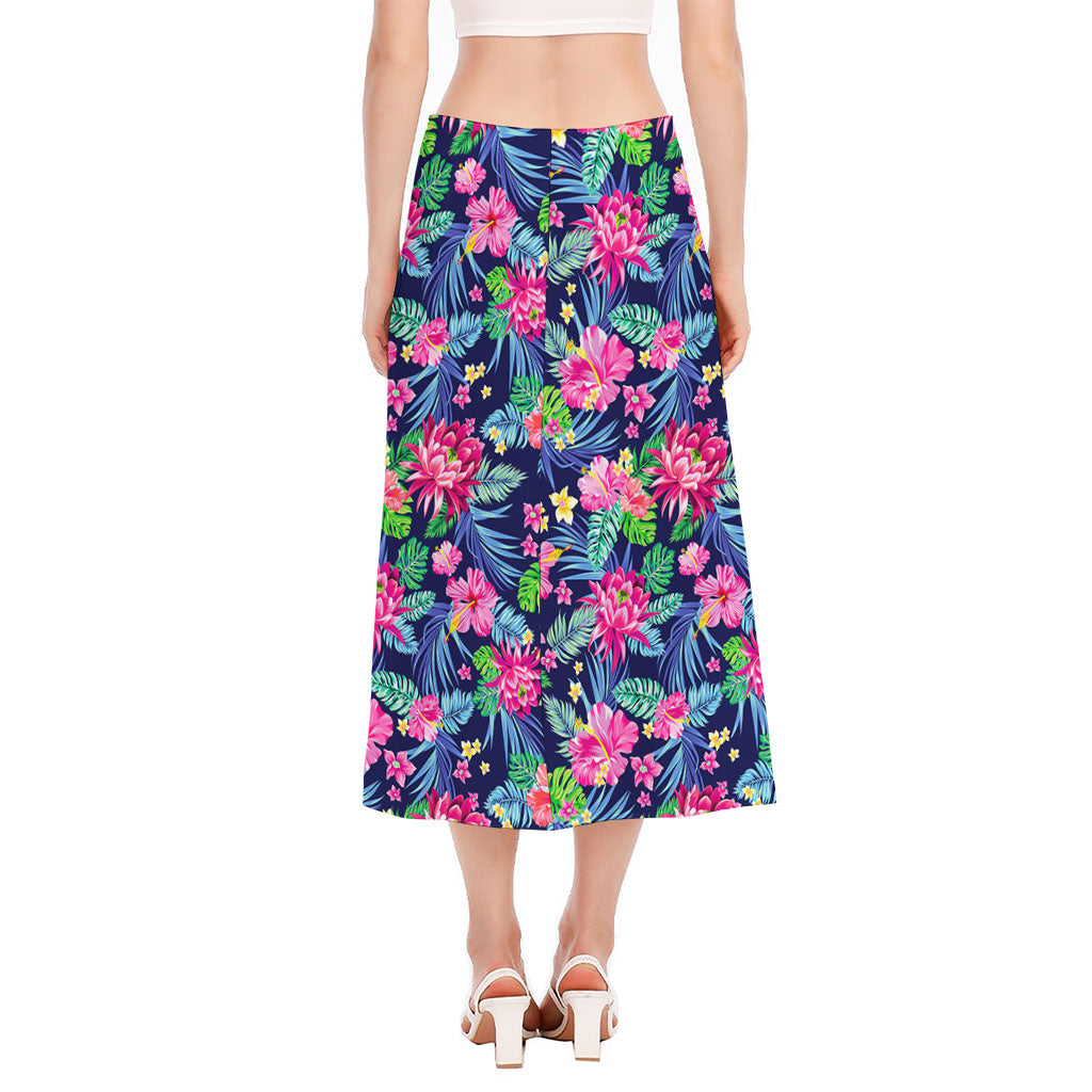 Blossom Tropical Flower Pattern Print Side Slit Midi Skirt