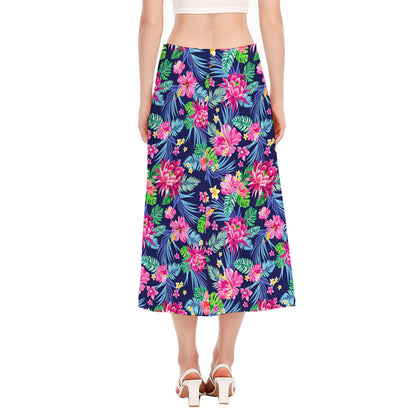 Blossom Tropical Flower Pattern Print Side Slit Midi Skirt