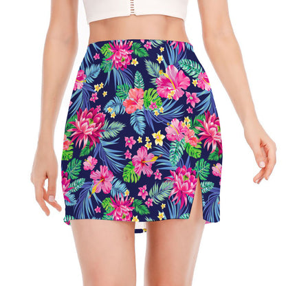 Blossom Tropical Flower Pattern Print Side Slit Mini Skirt