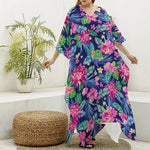 Blossom Tropical Flower Pattern Print Silk V-Neck Kaftan Dress
