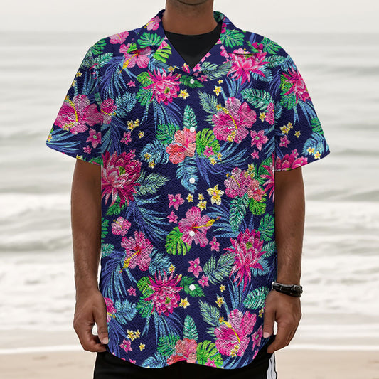 Blossom Tropical Flower Pattern Print Textured Short Sleeve Shirt