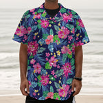 Blossom Tropical Flower Pattern Print Textured Short Sleeve Shirt