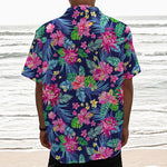 Blossom Tropical Flower Pattern Print Textured Short Sleeve Shirt