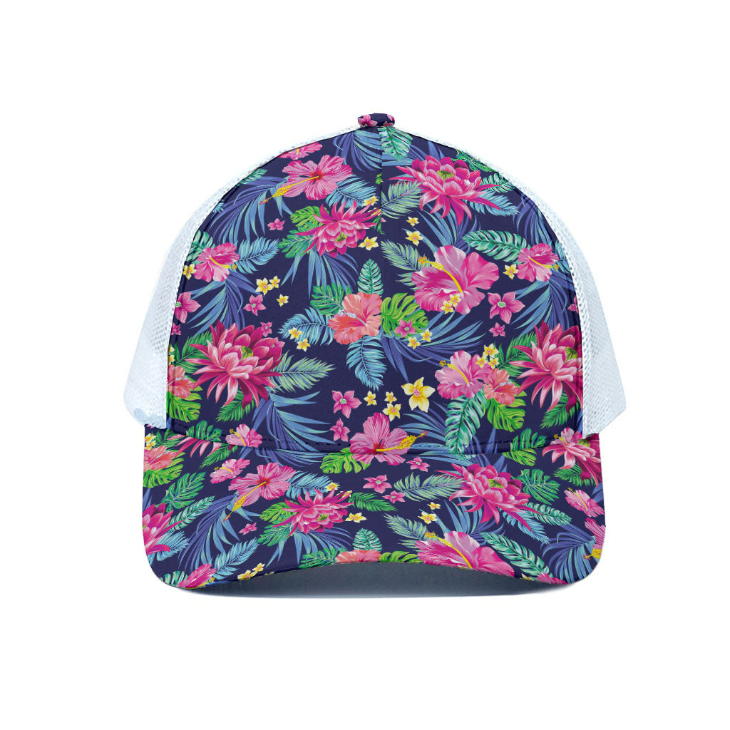 Blossom Tropical Flower Pattern Print White Mesh Trucker Cap