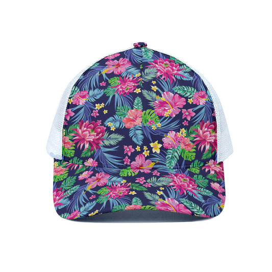 Blossom Tropical Flower Pattern Print White Mesh Trucker Cap