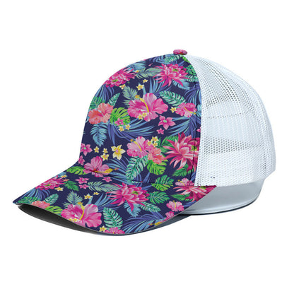 Blossom Tropical Flower Pattern Print White Mesh Trucker Cap