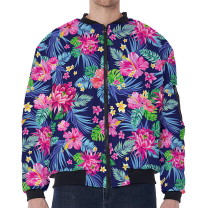 Blossom Tropical Flower Pattern Print Zip Sleeve Bomber Jacket