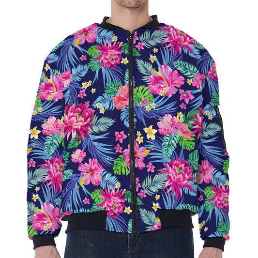 Blossom Tropical Flower Pattern Print Zip Sleeve Bomber Jacket