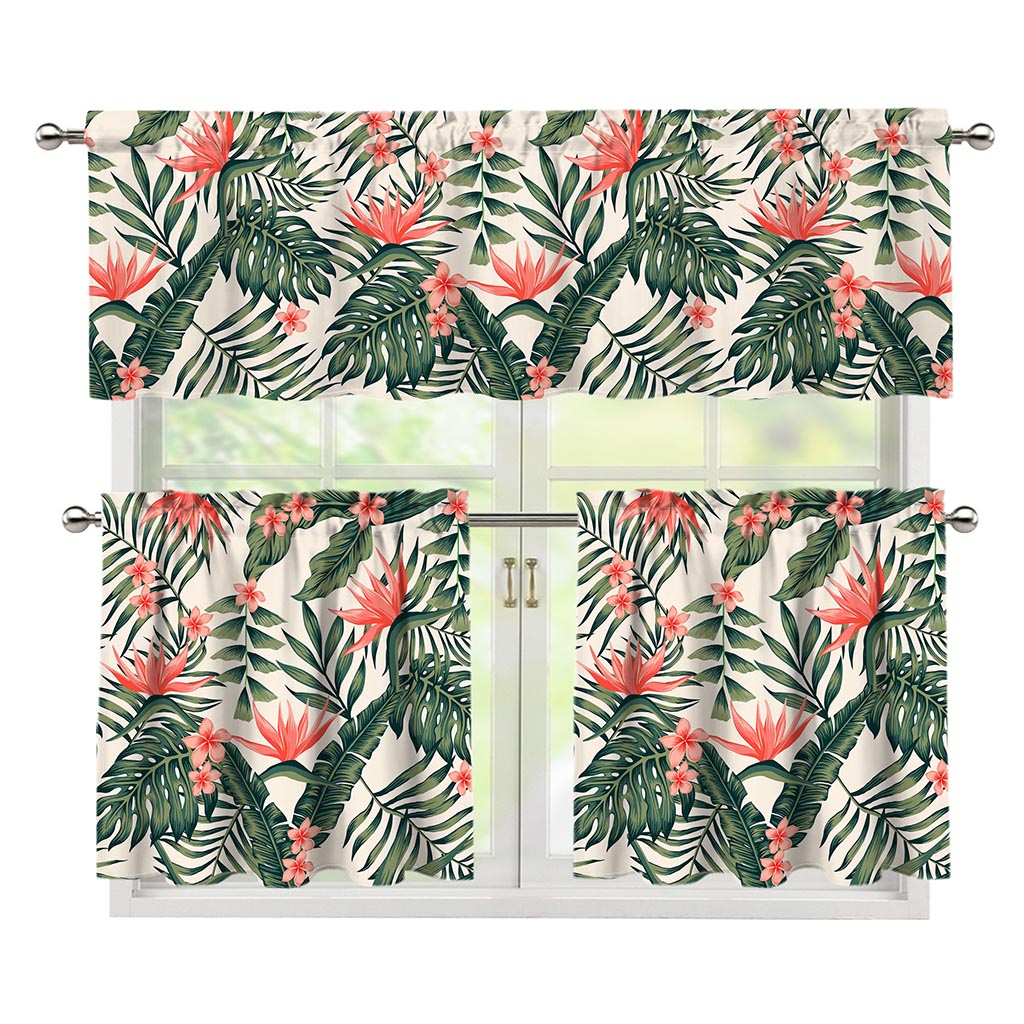 Blossom Tropical Leaves Pattern Print 3 Piece Kitchen Curtains