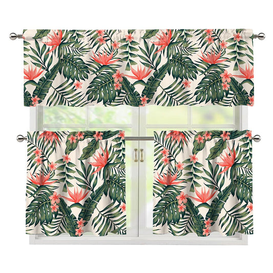 Blossom Tropical Leaves Pattern Print 3 Piece Kitchen Curtains