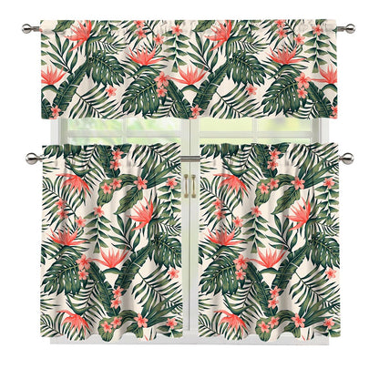 Blossom Tropical Leaves Pattern Print 3 Piece Kitchen Curtains