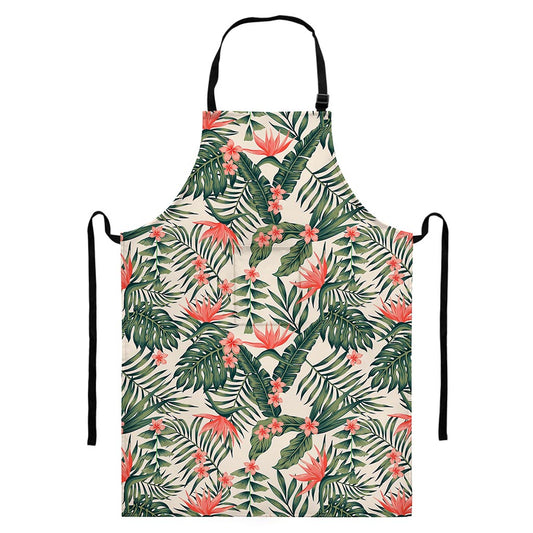 Blossom Tropical Leaves Pattern Print Bib Apron With Pocket