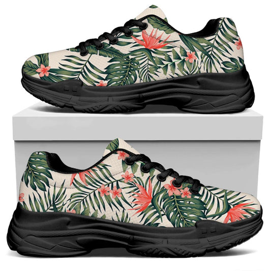 Blossom Tropical Leaves Pattern Print Black Chunky Shoes
