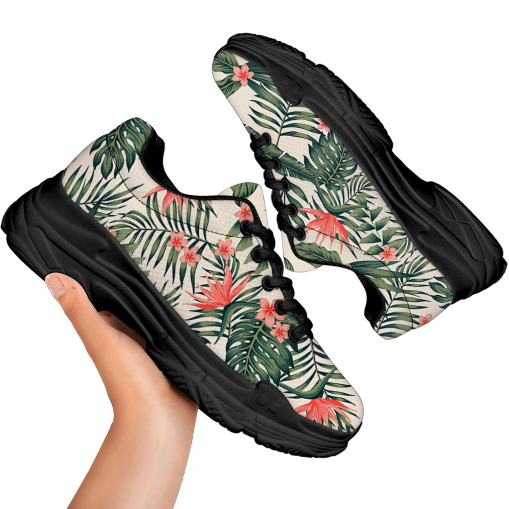 Blossom Tropical Leaves Pattern Print Black Chunky Shoes