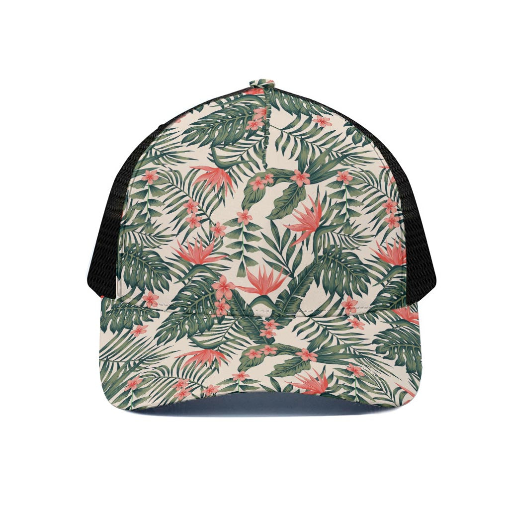Blossom Tropical Leaves Pattern Print Black Mesh Trucker Cap
