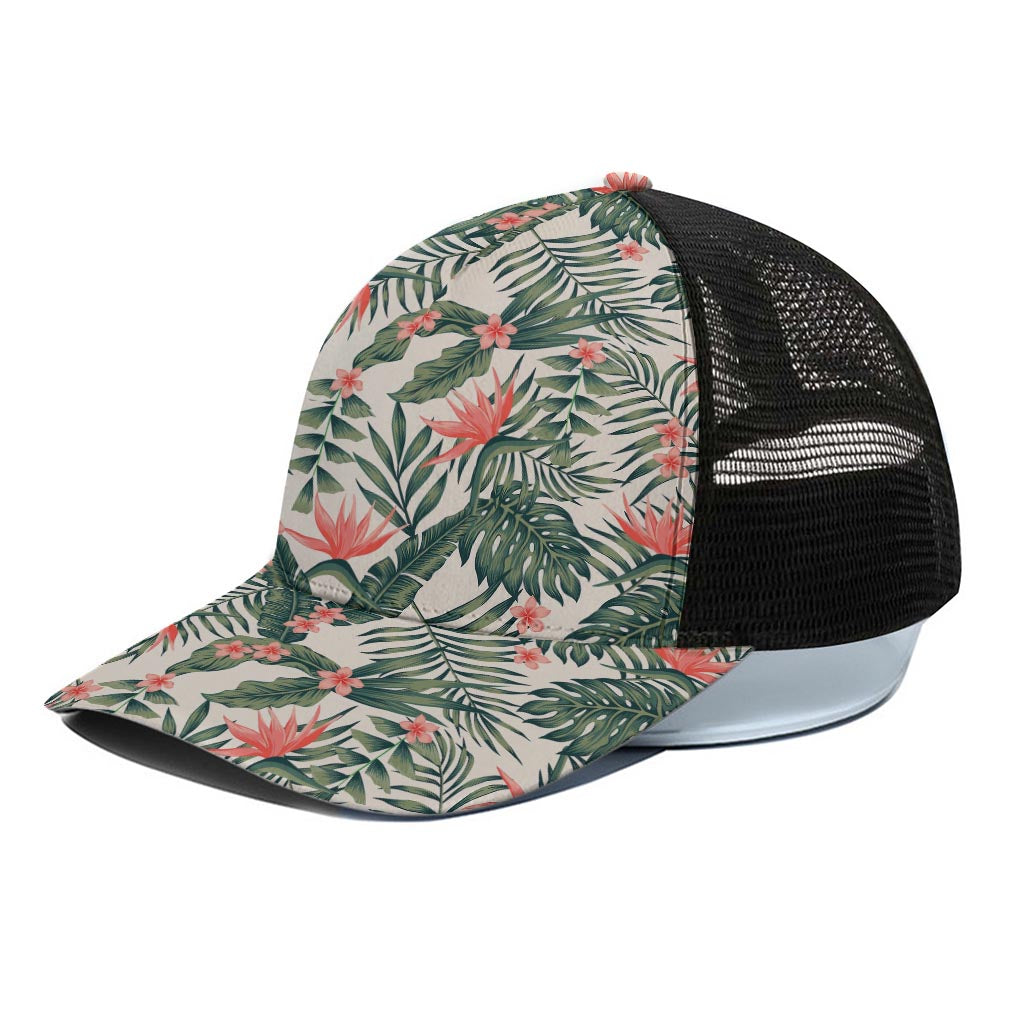 Blossom Tropical Leaves Pattern Print Black Mesh Trucker Cap