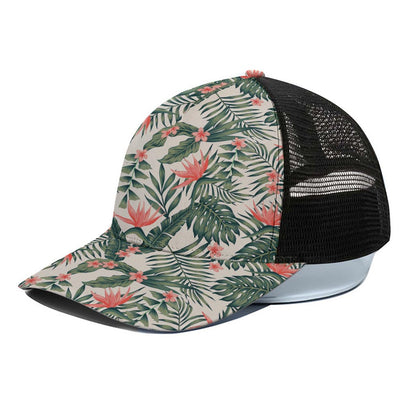 Blossom Tropical Leaves Pattern Print Black Mesh Trucker Cap