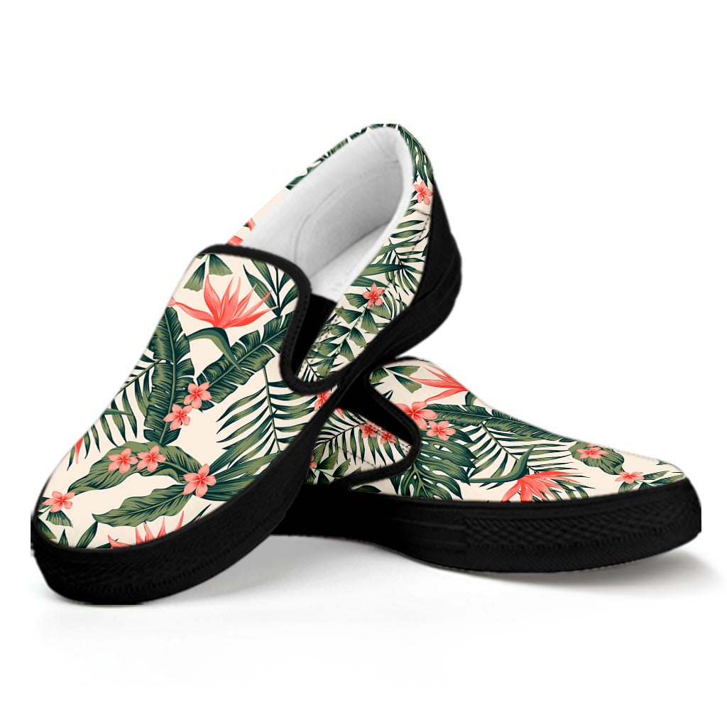 Blossom Tropical Leaves Pattern Print Black Slip On Sneakers