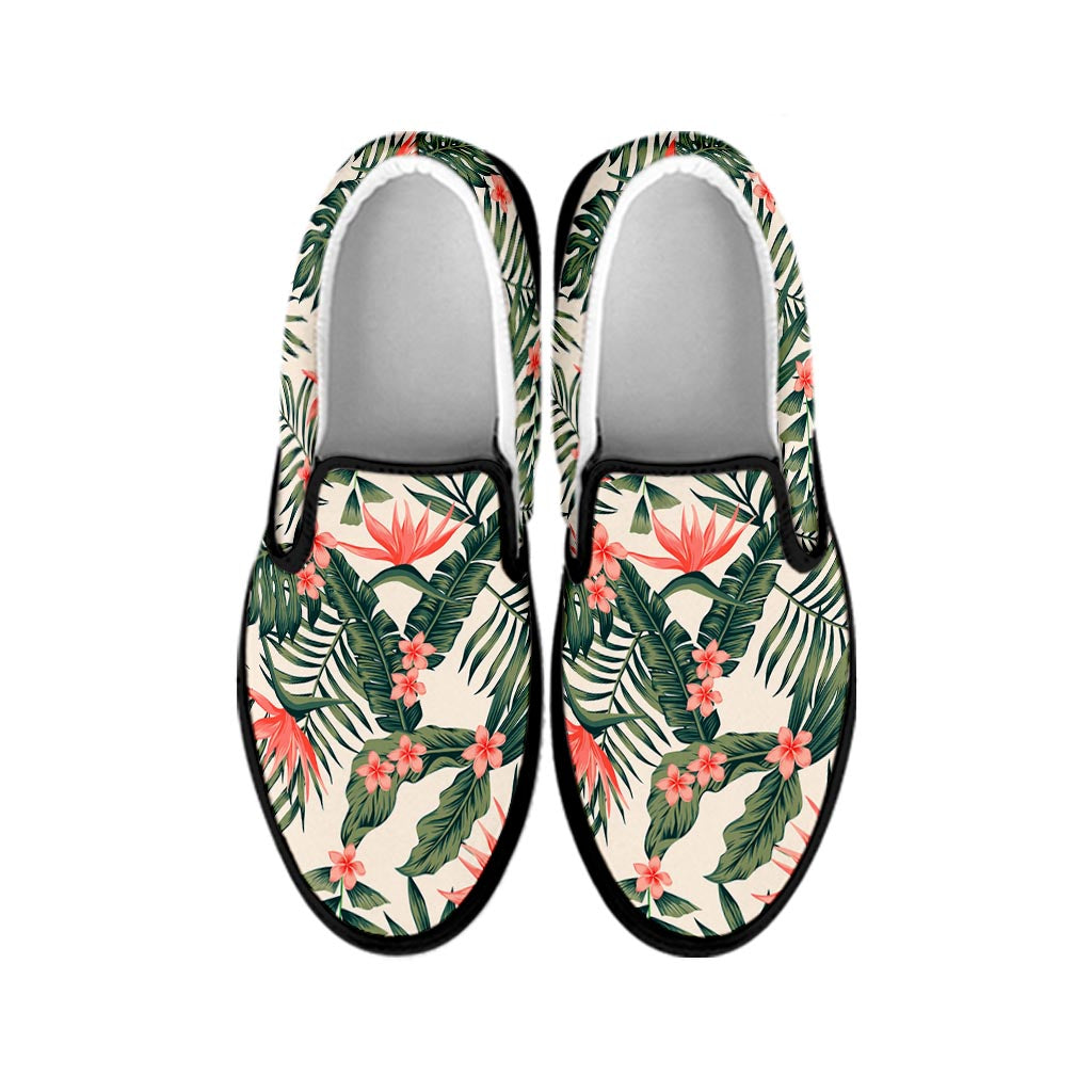 Blossom Tropical Leaves Pattern Print Black Slip On Sneakers