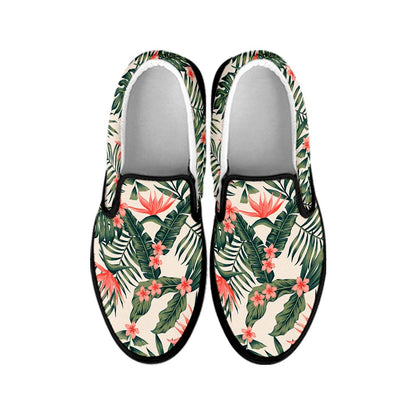 Blossom Tropical Leaves Pattern Print Black Slip On Sneakers