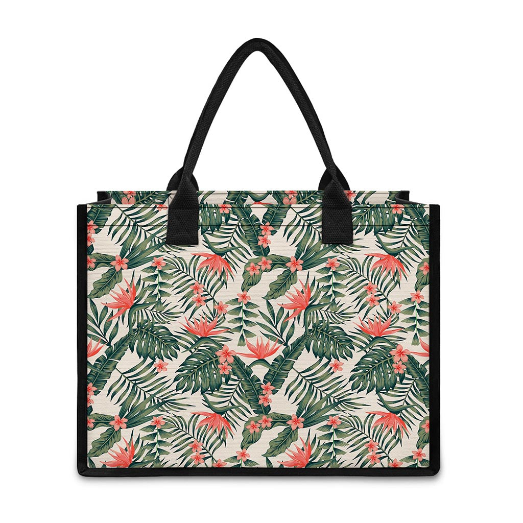 Blossom Tropical Leaves Pattern Print Canvas Tote Bag
