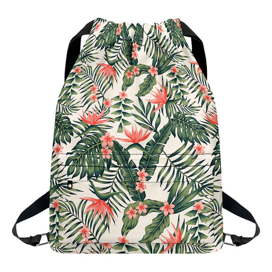Blossom Tropical Leaves Pattern Print Drawstring Backpack