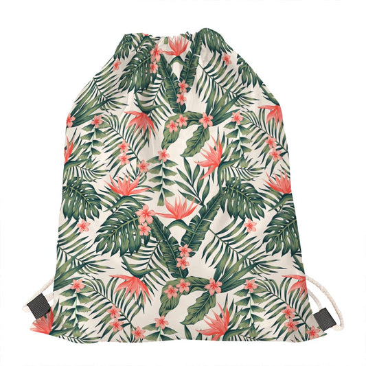Blossom Tropical Leaves Pattern Print Drawstring Bag