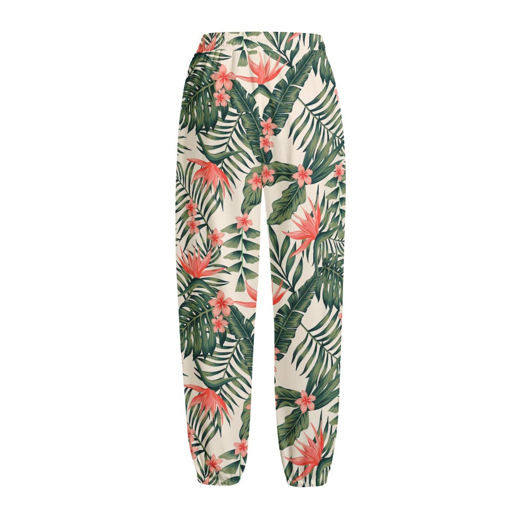 Blossom Tropical Leaves Pattern Print Fleece Lined Knit Pants