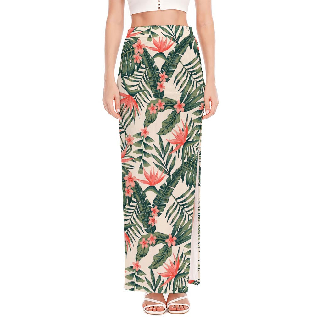 Blossom Tropical Leaves Pattern Print High Slit Maxi Skirt