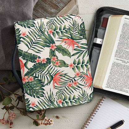 Blossom Tropical Leaves Pattern Print Leather Bible Cover