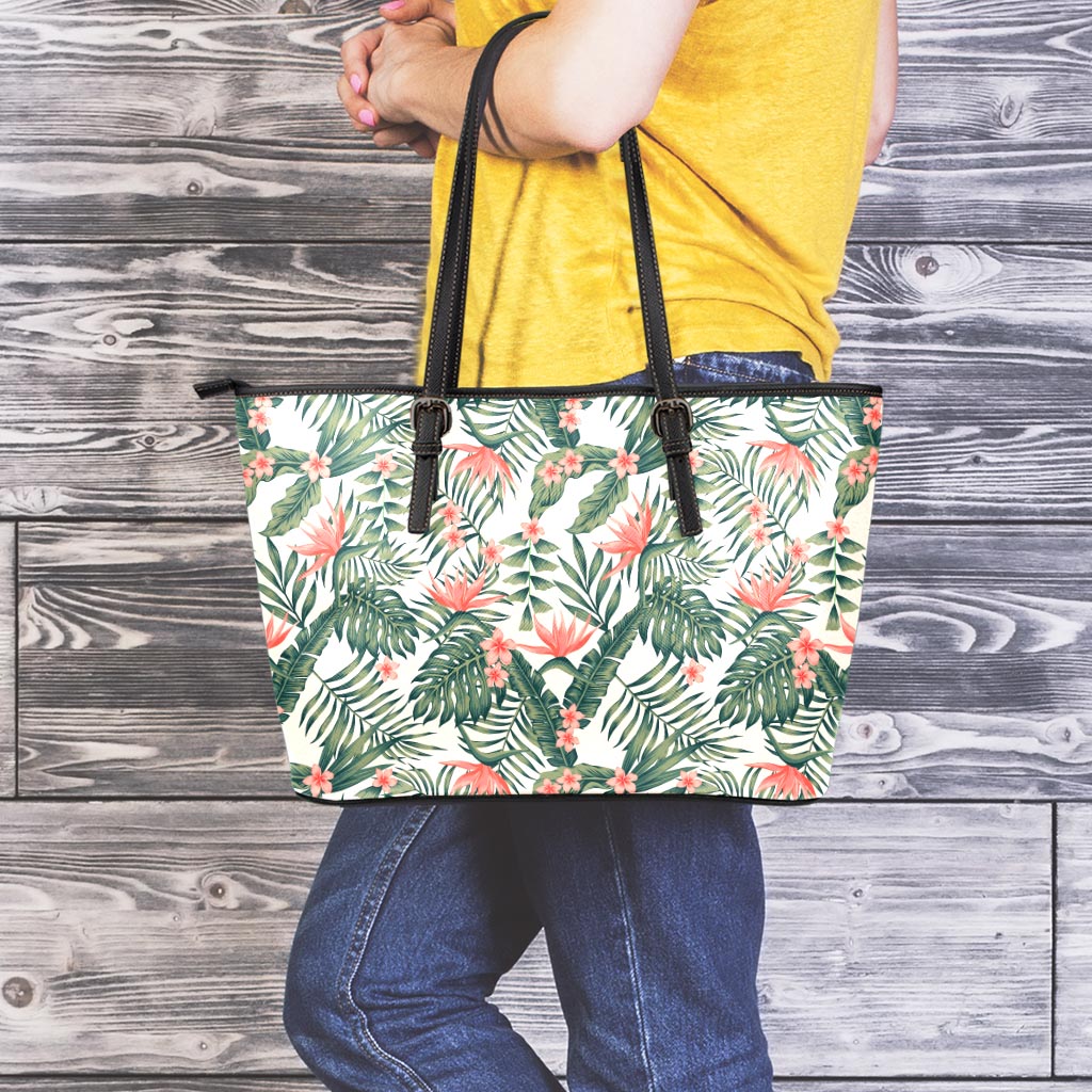 Blossom Tropical Leaves Pattern Print Leather Tote Bag