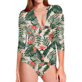 Blossom Tropical Leaves Pattern Print Long Sleeve Swimsuit