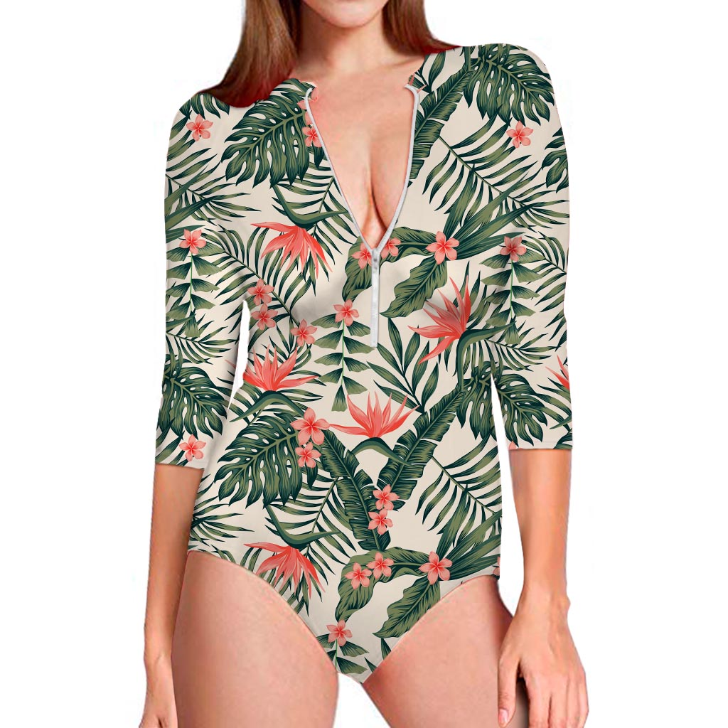 Blossom Tropical Leaves Pattern Print Long Sleeve Swimsuit