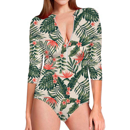 Blossom Tropical Leaves Pattern Print Long Sleeve Swimsuit