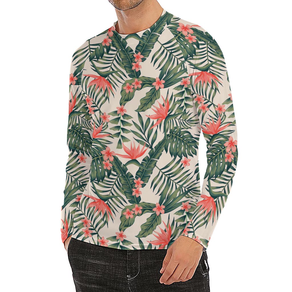 Blossom Tropical Leaves Pattern Print Men's Long Sleeve Rash Guard
