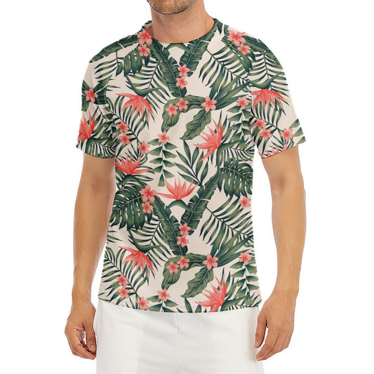 Blossom Tropical Leaves Pattern Print Men's Short Sleeve Rash Guard